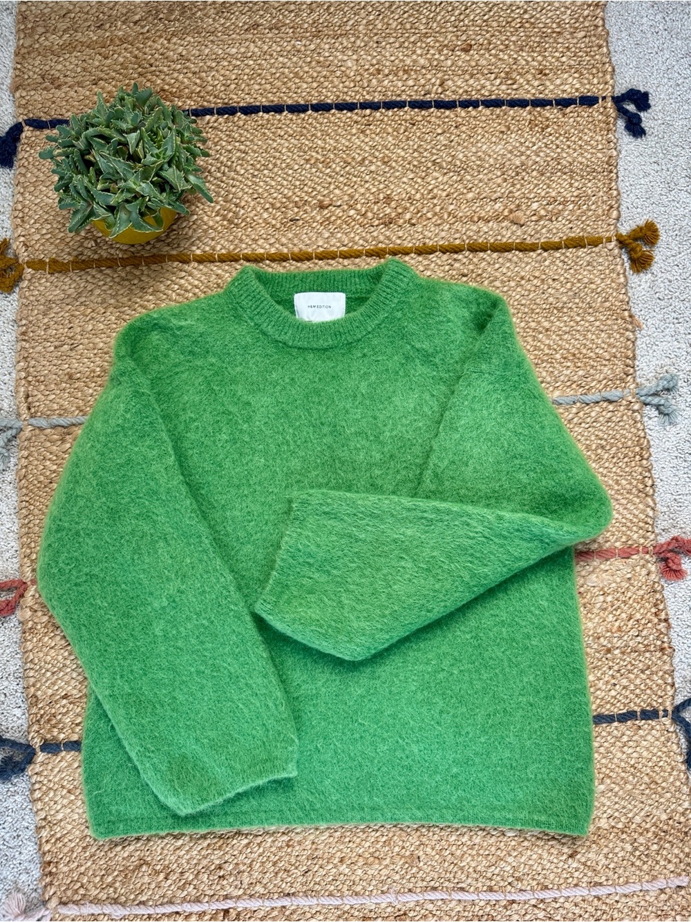 H&M Bright Green Mohair Wool Fuzzy Crewneck Sweater